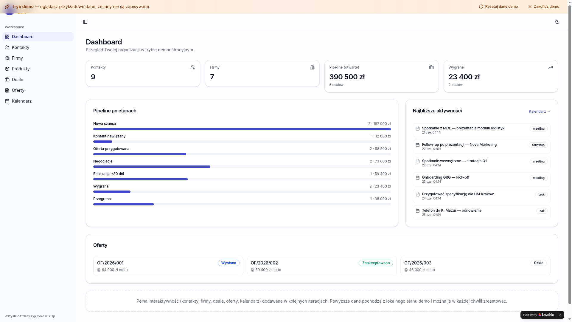 Screenshot aplikacji 67CRM