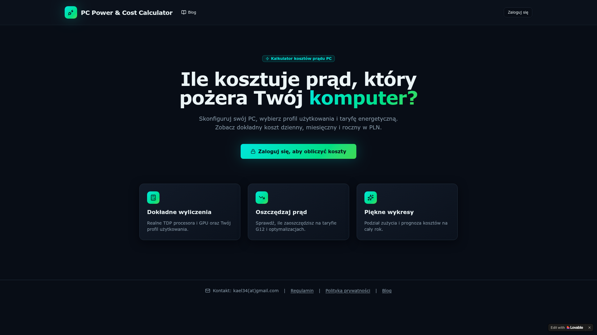 Screenshot aplikacji PC Power & Cost Calculator